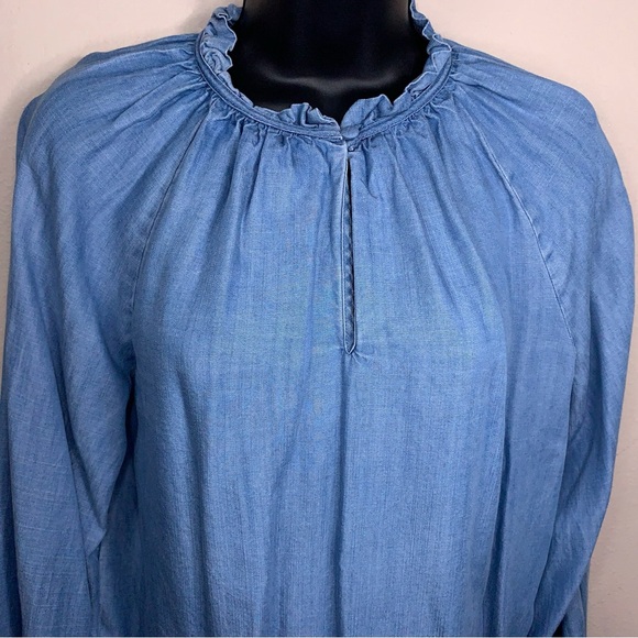XS Who What Wear Blue Lyocell Long Sleeve Top Ruffle Accents Preppy - Picture 6 of 13